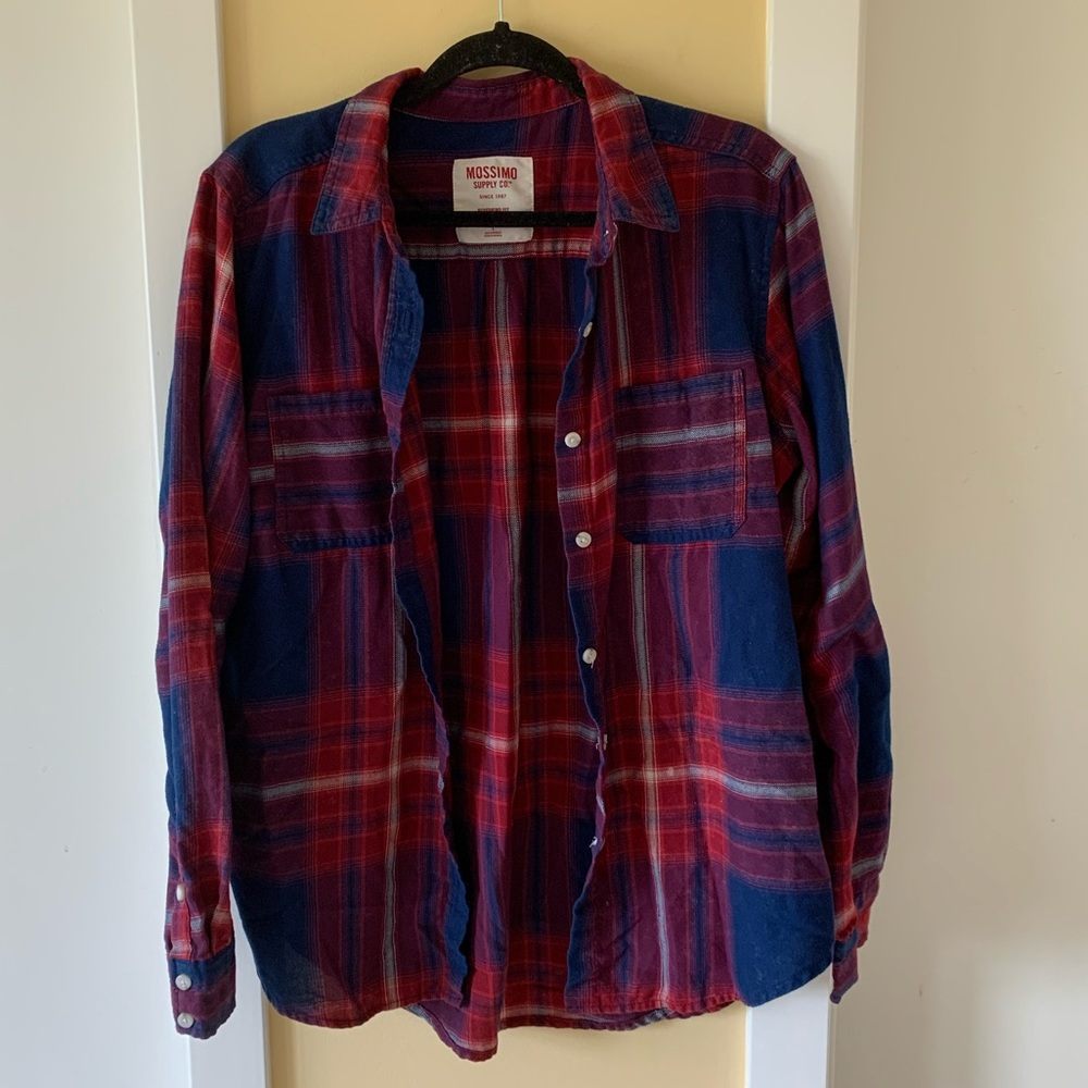 Navy blue and red plaid boyfriend fit flannel